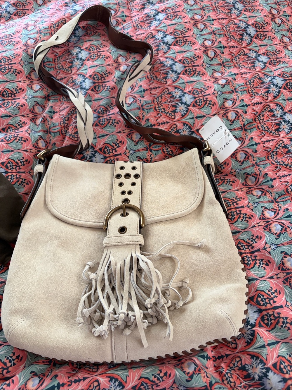 Coach Cream Suede Tassel Crossbody Hobo Bag